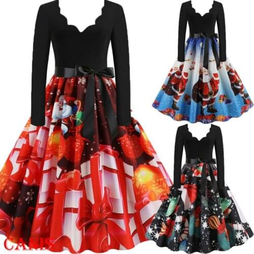 Winter Christmas Dresses Women Vintage Robe Swing Pinup Elegant Party Dress Long Sleeve Plus Size Vestidos