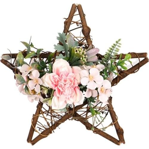 12Inch Wreath Front Door Decoration, Star Shape Wreath with Camellia - Wood Pentagram Wreath Wall Door Hanging Wreath