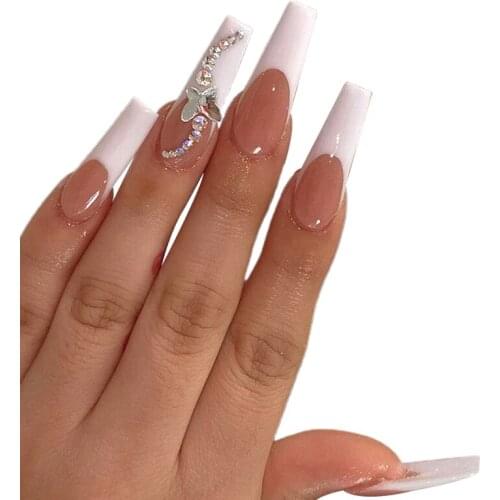 24pcs White Butterfly Wear Long Paragraph Fashion Manicure Patch False Nails Save Time Wearable Nail Patch SANA889