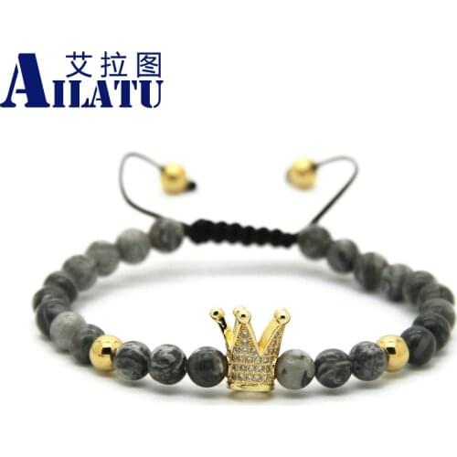 Ailatu 6mm Grey Sediment Stone Advanced Plated Crown Braided CZ Beads Bracelets Mens Elastic Jewelry Gift Pulseira Hombres