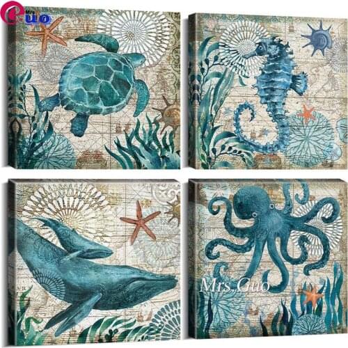 DIY Diamond Painting Full Square Animals Cross Stitch Diamond Embroidery 4 Pieces Sea Turtle Seahorse Octopus Dolphin Home Decor