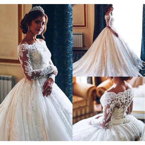 Ball Gown Lace Wedding Dresses Long Sleeve Off Shoulder Boat Neck Princess Appliques Lace Vintage 2023 Bridal Gowns Custom Size