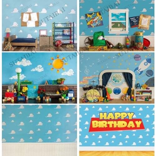 Kids Birthday Toy Backdrop Boys Story Girls Baby Cartoon Banner Birthday Party Photography Background for Children Cake Table