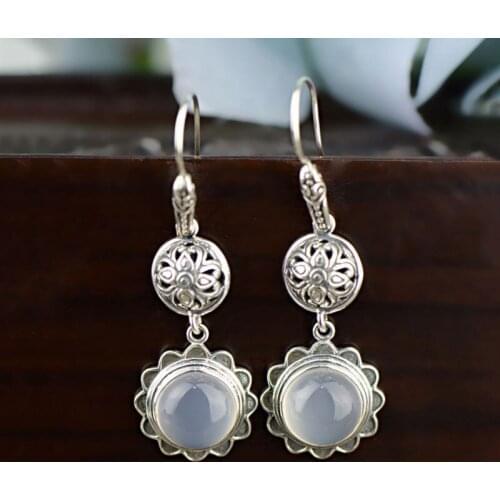 FNJ 925 Silver Chalcedony Earrings for Women Jewelry White Stone Flower S925 Sterling Silver boucle d'oreille Drop Earring