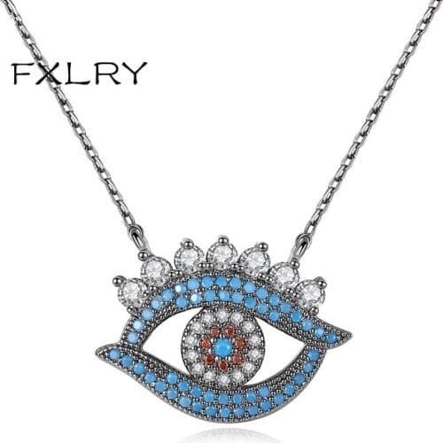 FXLRY New Design Creative Jewelry Black Gold Color Enchantment Blue Zircon Vivid Eye Pendant Necklaces For Girl To Gift