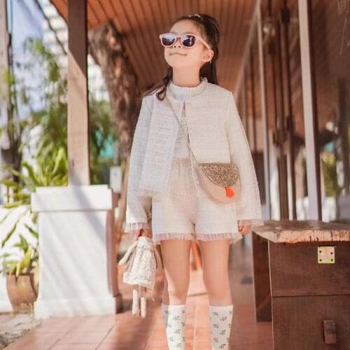Spring Autumn Girls 2 Pcs Set Baby Coat + Shorts Kids Brand Suits Children Clothes Fashion Embroidery Lace Striped 2 To 6 Yrs
