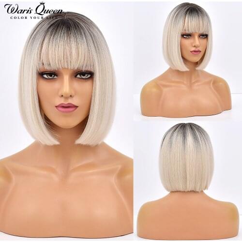 Short Stright Wig Bob Ombre Black to Blonde Synthetic Wigs For Women With Bangs Natural Heat Resistant For Cosplay Daily Hair