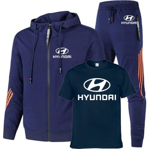 Spring Autumn Mens suits Hyundai car logo Printed high quality cotton Solid color stripe Mens sweatshirt+pants 3-piece set