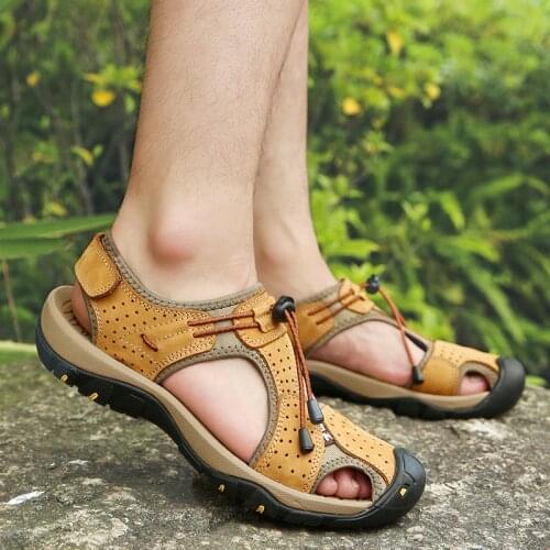 Lightweight Brown Sport Sandals for Men Outdoor Genuine Leather Elastic Band Beach Sandals Male Summer Slip on Trekking Sandals