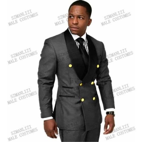 Fashion Dark Grey Double Breasted Gold Buttons Costume Homme Wedding Slim Fit Men Suits Terno Masculino Tuxedo Groom Prom Blazer