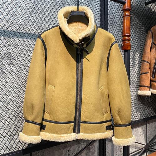 2021 winter mens fashion vintage color lamb sheep fur sheepskin leather surface shearling wool lining biker jacket coat