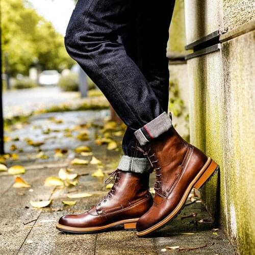 Luxury Men Boots Genuine Leather Men Shoes Autumn Winter Chelsea Bota Brown Lace Up Male Ankle Boots High Top Shoes Size 44