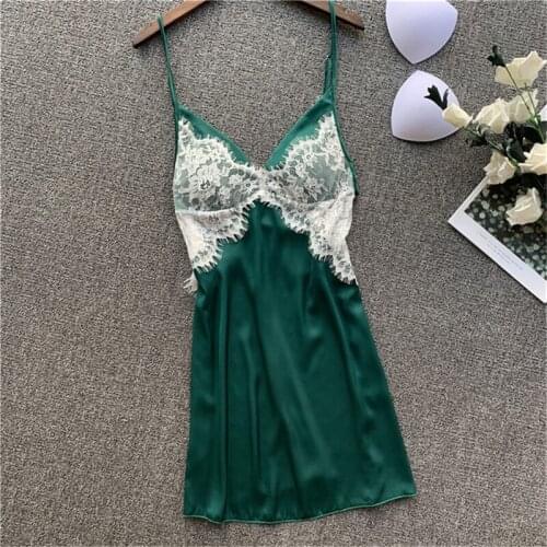 Nightdress female spring summer ladies sexy lace green sling пижама rayon beauty strap chest pad sweet home service Nightwear