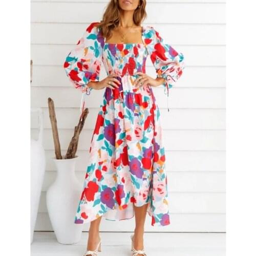 GypsyLady Floral Print Maxi Dress Off The Shoudler Sexy Summer Dresses for Women Long Sleeve Ruffles Holiday Beach Ladies Dress