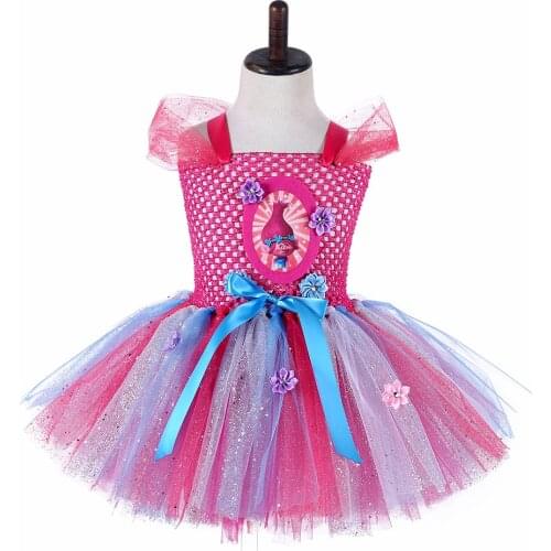 Girls Trolls Tutu Dress For Pageant Bling Ball Gown Cute Cartoon Poppy Kids Fluffy Birthday Party Dress Girls Costume