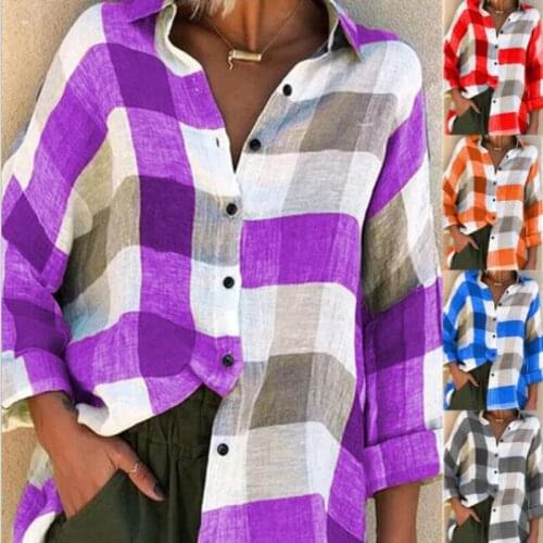 Plus Size 5XL Women Casual Blouses Spring Turn Down Collar Long Sleeve Shirt Fashion Grid Loose Shirt Top