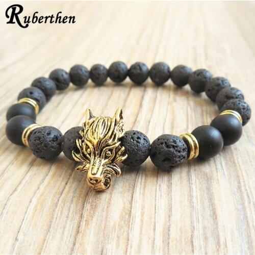 Ruberthen New Design Wolf Head Men`s Bracelet Dragon Vein Agates Bracelet Matte Black Onyx Lava Stone Bracelet