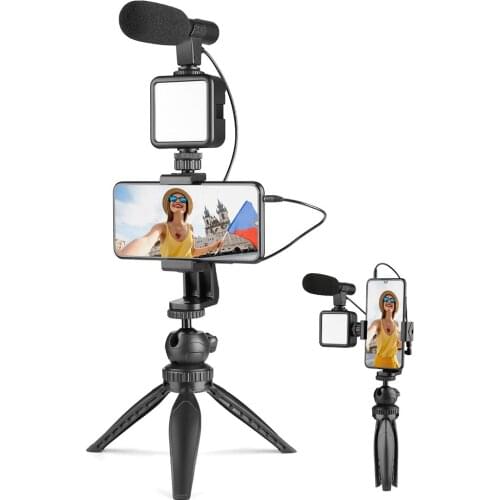 Smartphone Video Vlogging Vlog LED Fill Light Selfie Stick with Microphone Kit Phone Holder Tripod Portable Handheld stabilizer