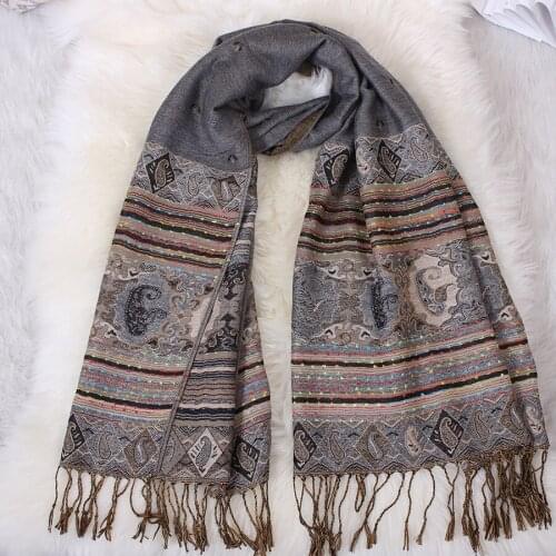 Gray Fashion Autumn Womens Shawl Scarf Pashmina Winter National style Lady Wrap Cape Scarves Tassels Shawl Wram Bufanda 70x190cm