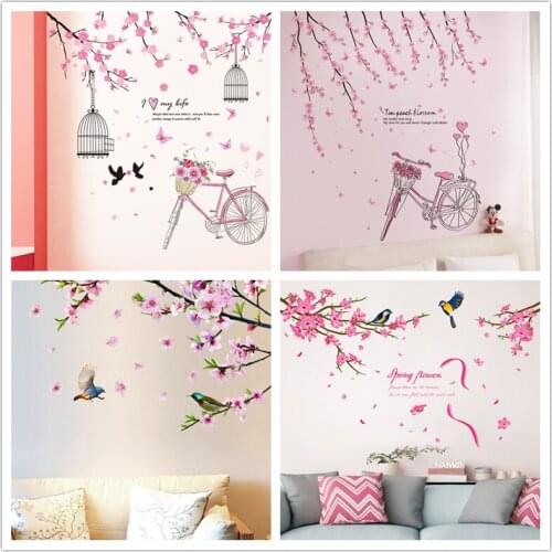 [shijuekongjian] Pink Flowers Wall Stickers DIY Birds Wall Decals for Living Room Bedroom Kitchen House Decoration Accessories