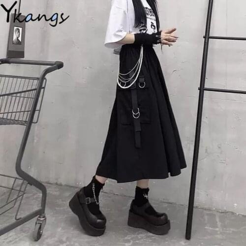 High Waist Loose A-line Cargo Skiets chain Side Ring Pocket Midi Long Black Skirt Korean Hip Hop Streetwear Harajuku OverSize