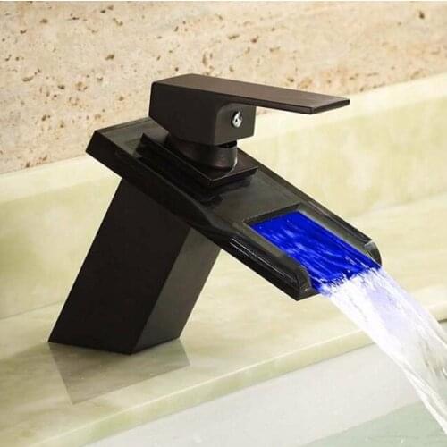 High Quality Antique Oil Rubbed Bronze Led Waterfall Faucet Bathroom Basin Faucet Sink Mixer with two pcs 50cm plumbing hoses