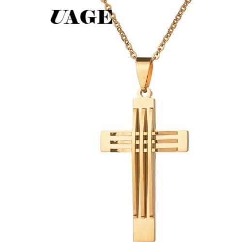 UAGE High Quality Womens Cross Necklace Stainless Steel Chain Pendant Cross Gold Color Mens Necklace For Women Best Gift
