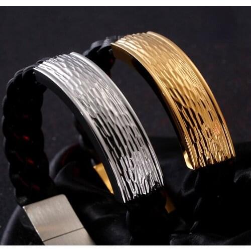 Jewels Store Vintage Woven Leather Wrap Bracelets For Men 21cm Stainless Steel Gold Black Charm Punk Bracelets Jewelry For Man