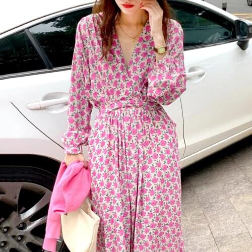 ZCSMLL Korean Spring Autumn Fashion V-neck Flower Printing Lace-up Waist Long-sleeved Loose Big Size Dress Women Tide