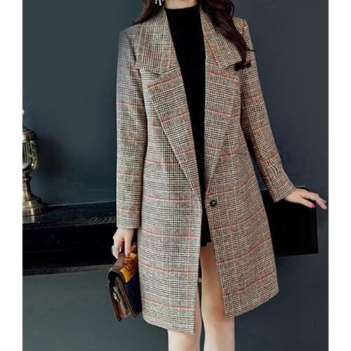Womens jacket autumn and winter new Korean version of the retro large size long woolen coat tartan coat TTYC190510