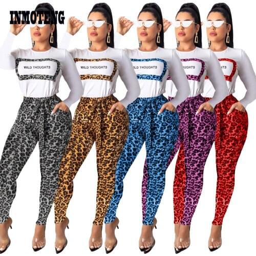 Letter Leopard Print Women Casual Two Piece Set O Neck Long Sleeve T Shirt Top Bow Tie Pockets Pencil Pants Fashion Suit