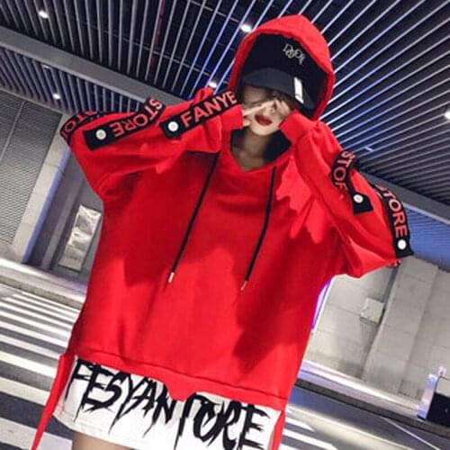 2019Womens hip-hop collage design pullovers street wear asymmetrical hooded sweatshirts harajuku red long hoodies