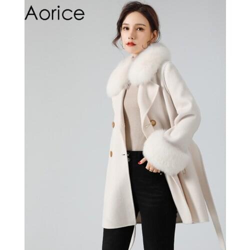 Aorice women winter fox fur parka wool blends coat jacket 2020 new real fox fur collar long trench coats jackets Z20096