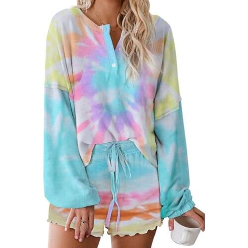 Bella Philosophy Wonder Gradient Color Printing Pajama Suits Long Sleeve Tops&Shorts Drawstring Short Loose 2 Piece Suit Leisure