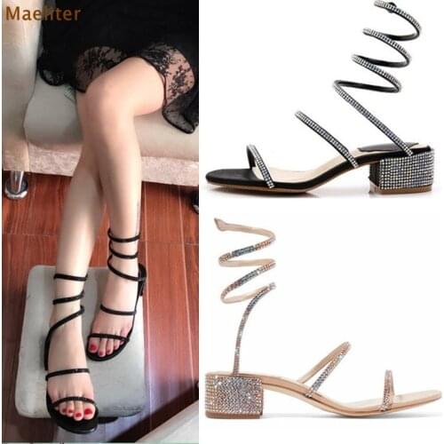 Young Girls Nude Black Crystal Sandals Glittering Strappy Summer Shoes Bohemian Low Chunky Heel S Snake Shaped Wedding Shoes