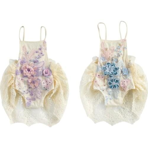 0-24M Baby Girls Boys Romper Dress One Piece Flowers Lace Pearl Print Sleeveless Ruffles Jumpsuits