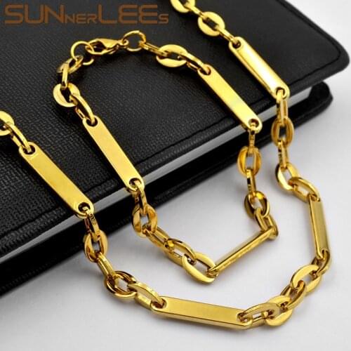 SUNNERLEES 316L Stainless Steel Necklace Bracelet Set 7mm Geometric Link Chain Gold Color High Polished Men Women Gift SC178 S