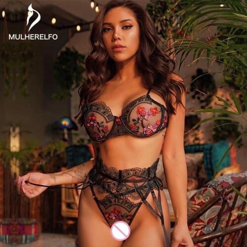 Black Mesh Patchwork Underwear Women Sexy Lace Stitching Embroidery Lingerie Set High Waist Thongs Garter Lace Bra Set Nightwear