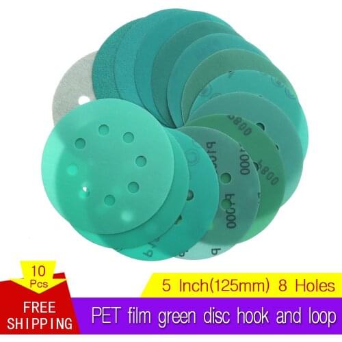10Pcs 5 Inch 125MM 8 Holes 60 to 2000 Grits Hook and Loop Film Green Sandpaper Sanding Disc Abrasive Tools