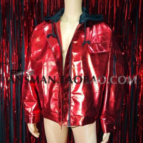 S-6XL!!Nightclub male Chinese New Year singers have hip-hop fantasy color red loose leather coat stage costumes