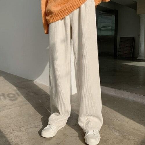 HOUZHOU Winter Warm Beige Corduroy Pants For Women Korean Fashion Thick Velvet Oversize Baggy Black Wide Leg Trousers Female