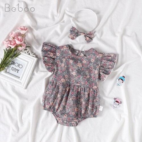 Baby Girl Jumpsuit Newborn Clothes Summer Ins Korean Fashion Cute Flower Short Sleeve Bodysuit With Bow Hair Band For Infants