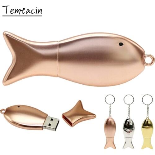 Metal Fish USB flash Stick U Disk 4GB 8GB 16GB Pendrive 32GB 64GB 128GB Pen drive USB2.0 Memory drive Rose Gold With Key Ring