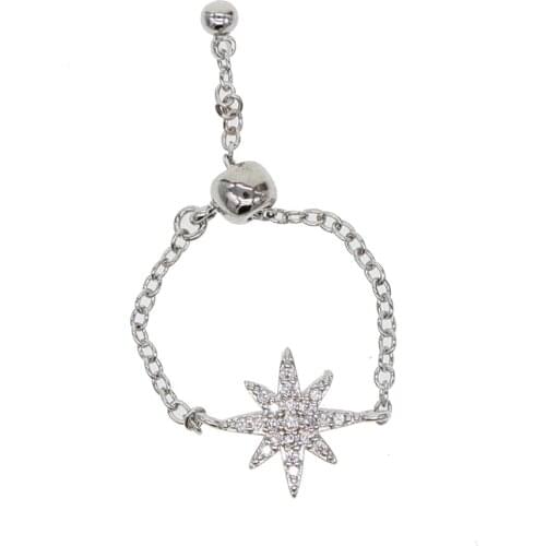 Micro pave cz sparking bling star starburst charm adjust chain band fashion trendy women rings