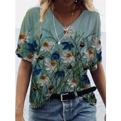 Fashion Floral Print Women T-shirts Summer Beach Casual Tee Short Sleeve Vintage Tops Big Size Lady T-shirt Top Female Clothing