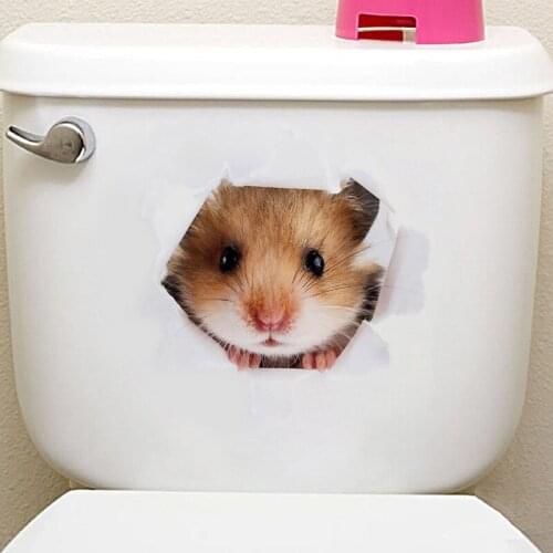 Lovely Hamster Wall Stickers 3D Cartoon Animals Hole View Toilet Decals Wall Stickers for Kids Rooms Bathroom Decor