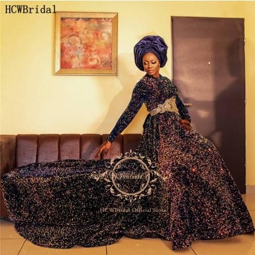 New 2021 Long Train African Evening Dress With Sleeves A Line O Neckline Black Women Wedding Party Evening Gowns Custom Made