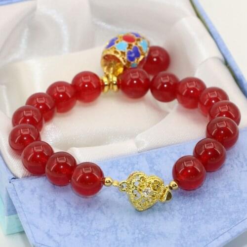 Original diy gold-color cloisonne women exquisite bracelets 10mm round beads red stone jades chalcedony jewelry 7.5inch B2725