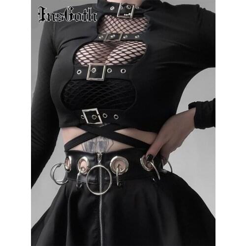 InsGoth Sexy Women Crop Tops Hollow Out Buckle Long Sleeve Female Bodycon Tops Gothic Punk Black Tops Streetwear Party Lady Tee