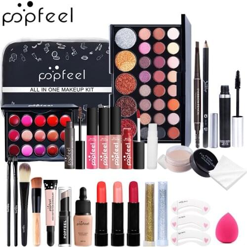 POPFEEL Christmas Gift Makeup Cometics Set Eyeshadow Lipstick Lip Gloss Eyebrow Pencil Make Up Brush Powder Puff With Bag TSLM1